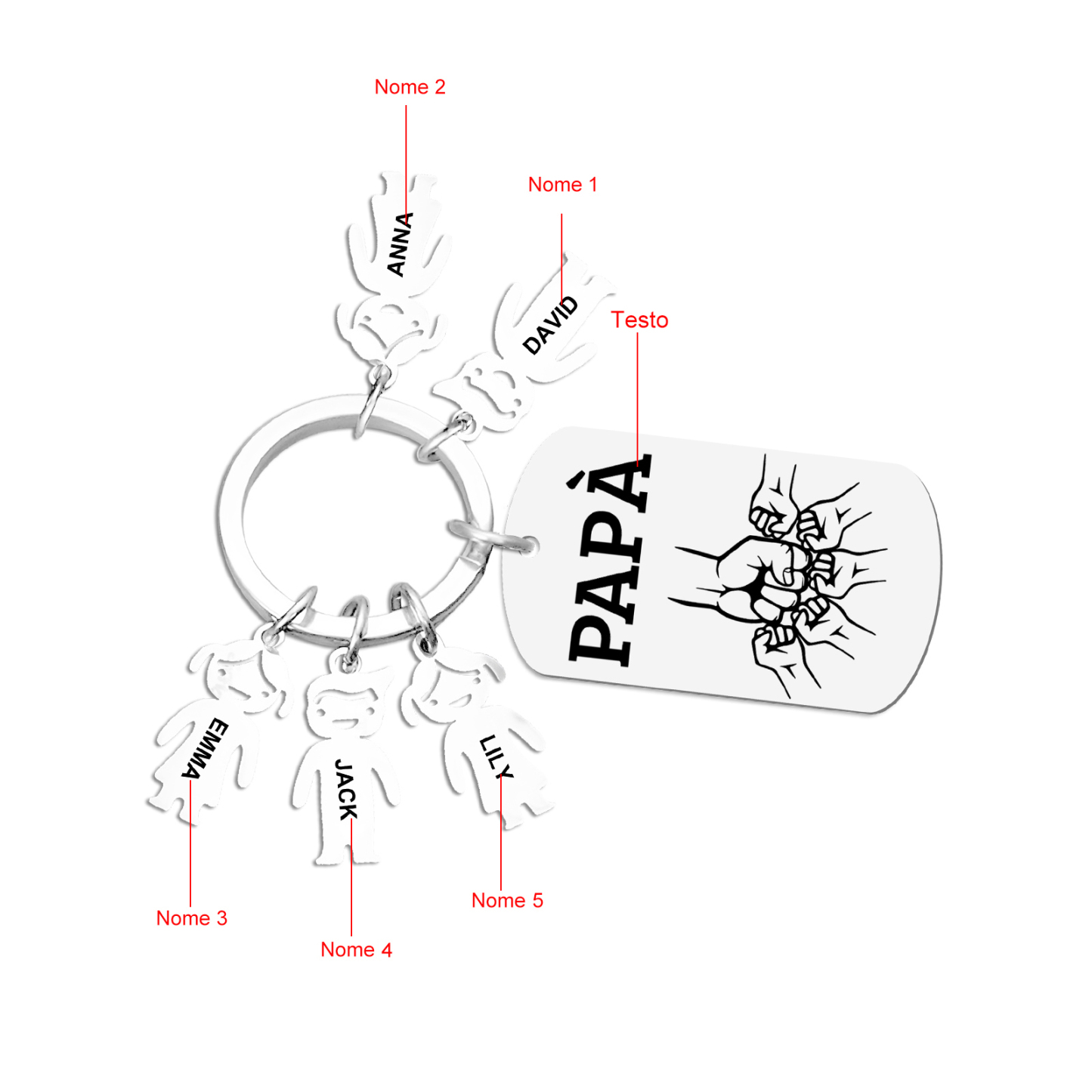 Portachiavi Uomo in Acciaio Inossidabile Personalizzato – Incisione 1 Testo & 5 Nomi – Regalo Speciale per Papà | Jessemade