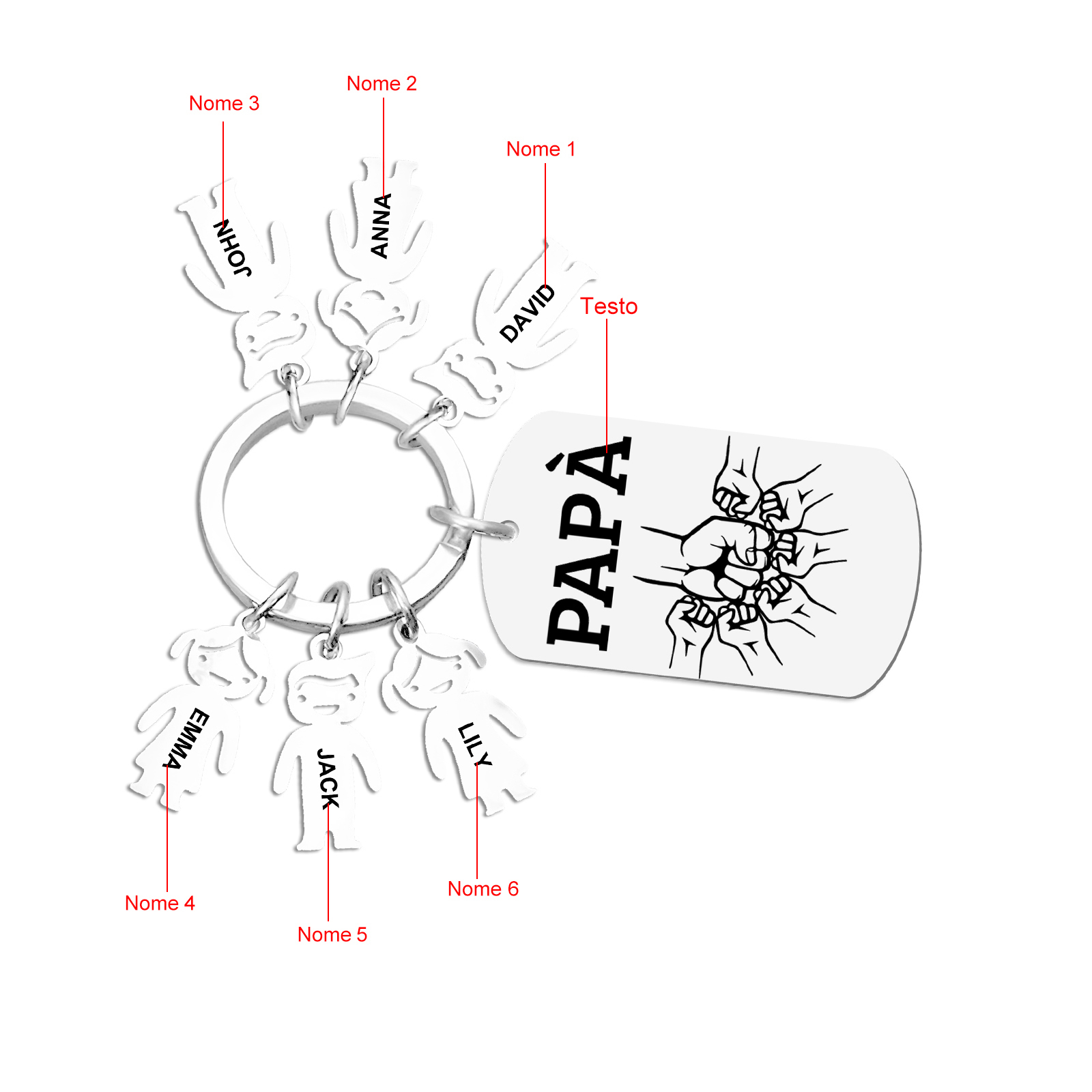 Portachiavi Uomo in Acciaio Inossidabile Personalizzato – Incisione 1 Testo & 6 Nomi – Regalo Speciale per Papà | Jessemade