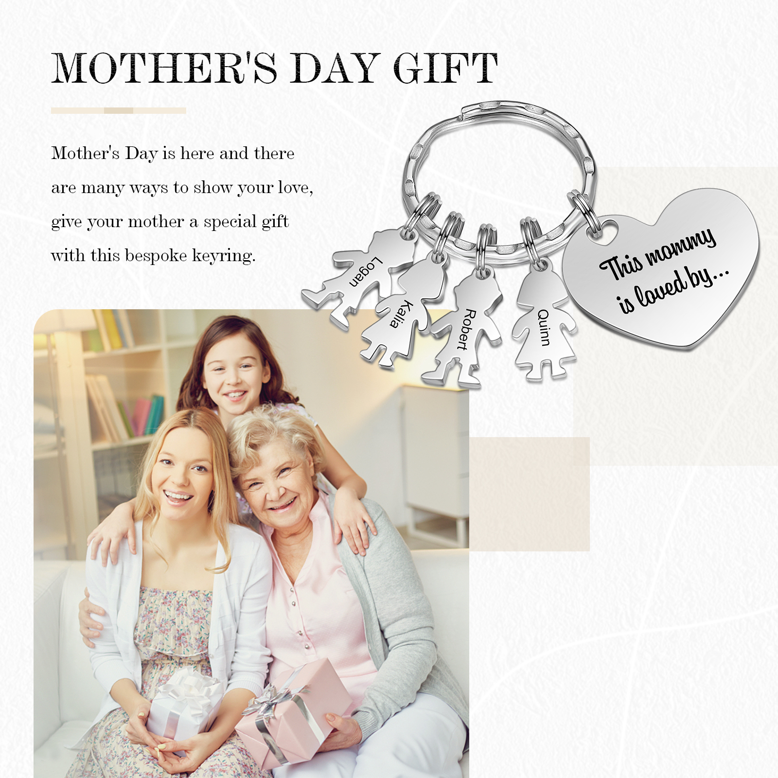 Portachiavi Personalizzato Donna – Ciondolo Cuore con 4 Nomi | Idea Regalo per Mamma | Jessemade