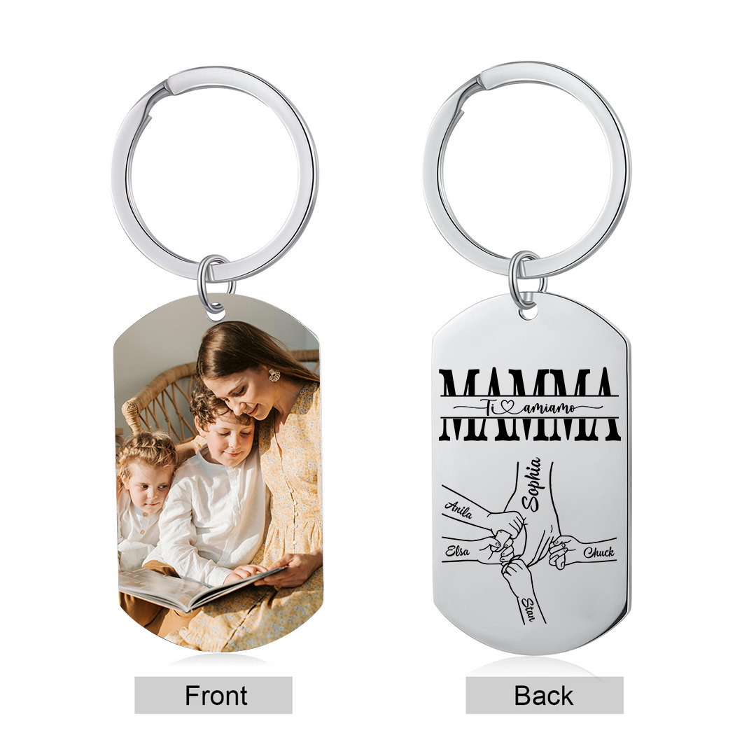 5 nomi & 1 Foto - Portachiavi in Acciaio Inossidabile – Regalo Personalizzato per Mamma – Idea Festa della Mamma