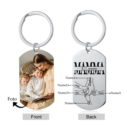 5 nomi & 1 Foto - Portachiavi in Acciaio Inossidabile – Regalo Personalizzato per Mamma – Idea Festa della Mamma