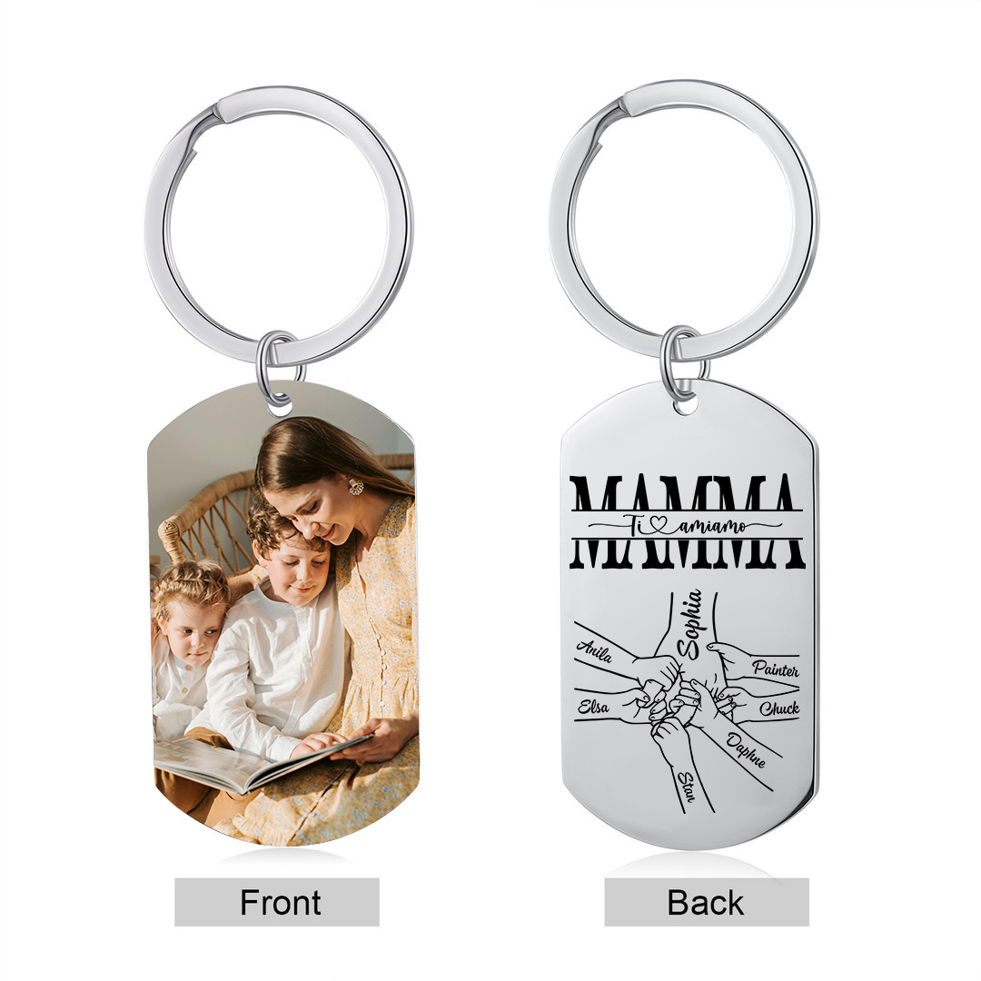 7 nomi & 1 Foto - Portachiavi in Acciaio Inossidabile – Regalo Personalizzato per Mamma – Idea Festa della Mamma