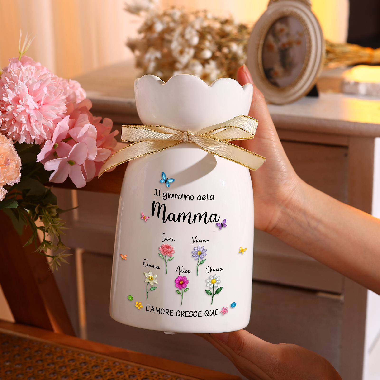 Vaso personalizzato “Il giardino della mamma/nonna” con i nomi e i fiori dei bambini – Regalo decorativo per la Festa della mamma/Festa dei nonni