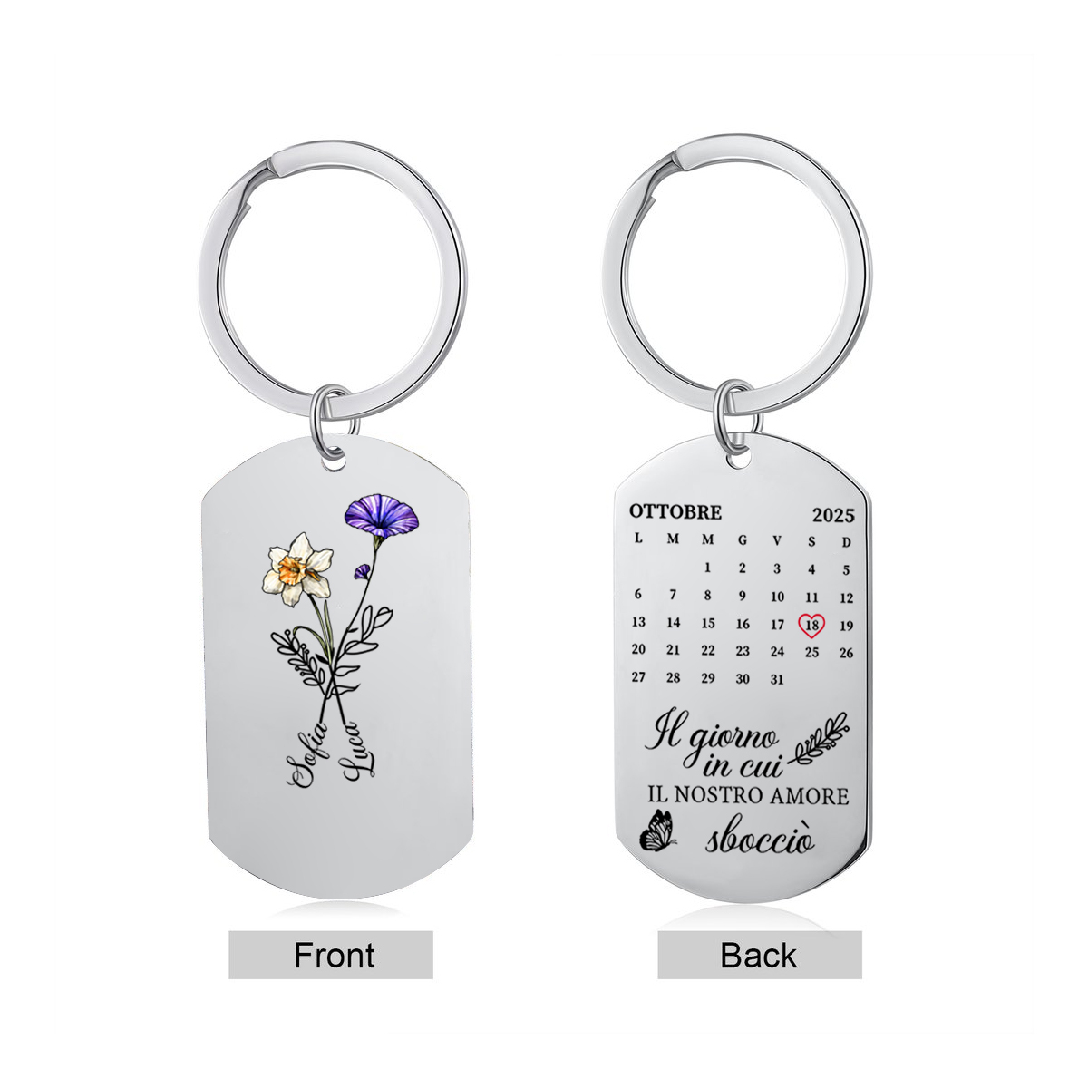 Portachiavi con calendario floreale personalizzato in acciaio inox - Il giorno in cui il nostro amore è sbocciato