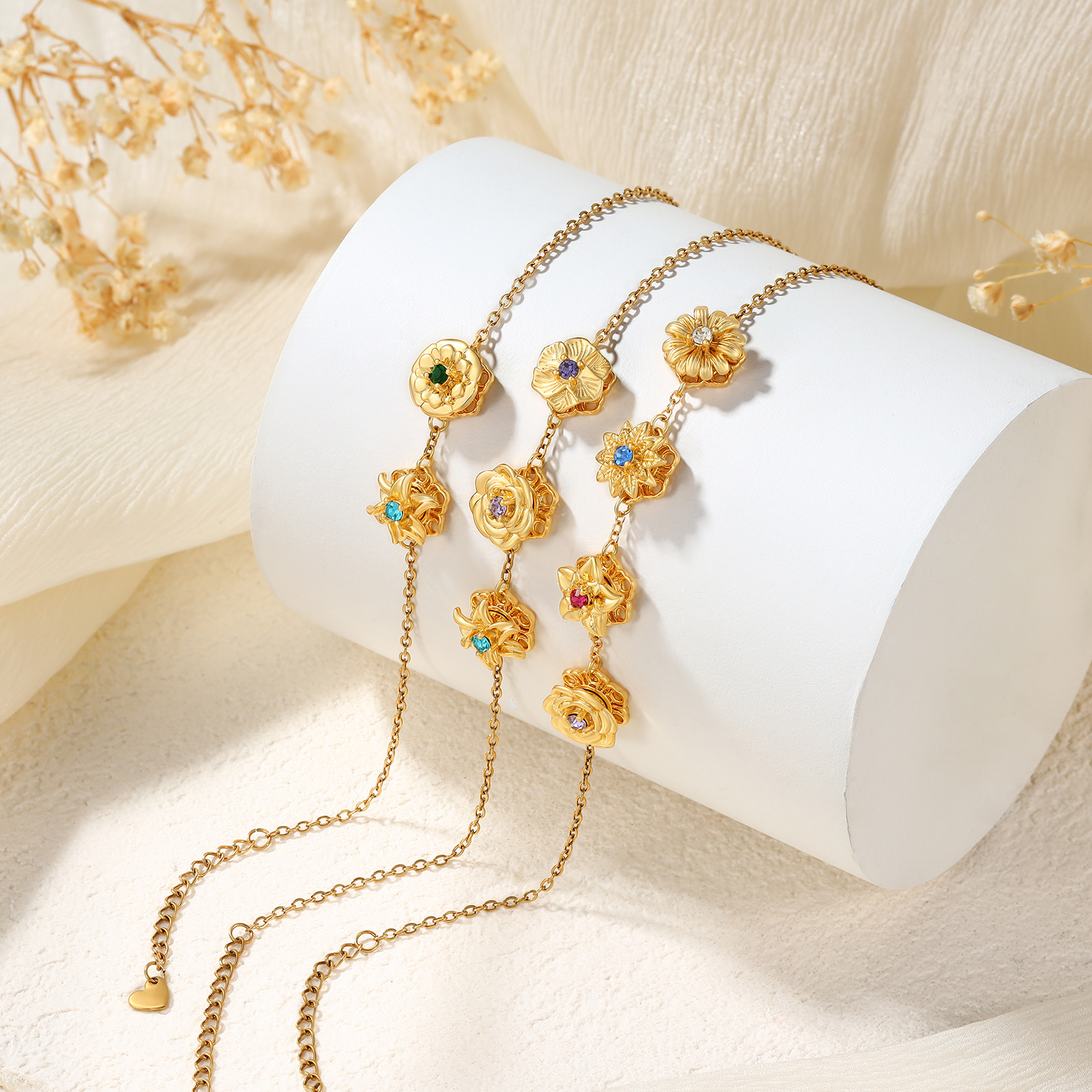 Bracciale Personalizzato da Donna con 2-4 Pietre di Nascita e Fiori di Nascita, Bracciale Rotante per Donna | Jessemade