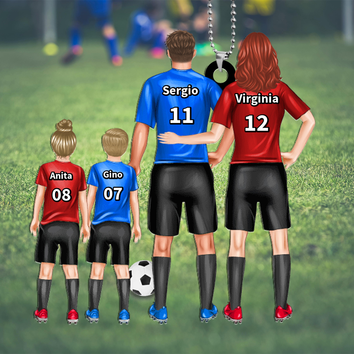 Portachiavi famiglia a tema calcio personalizzato, decorazione da appendere, con 5 nomi personalizzati, regalo per papà | Jessemade