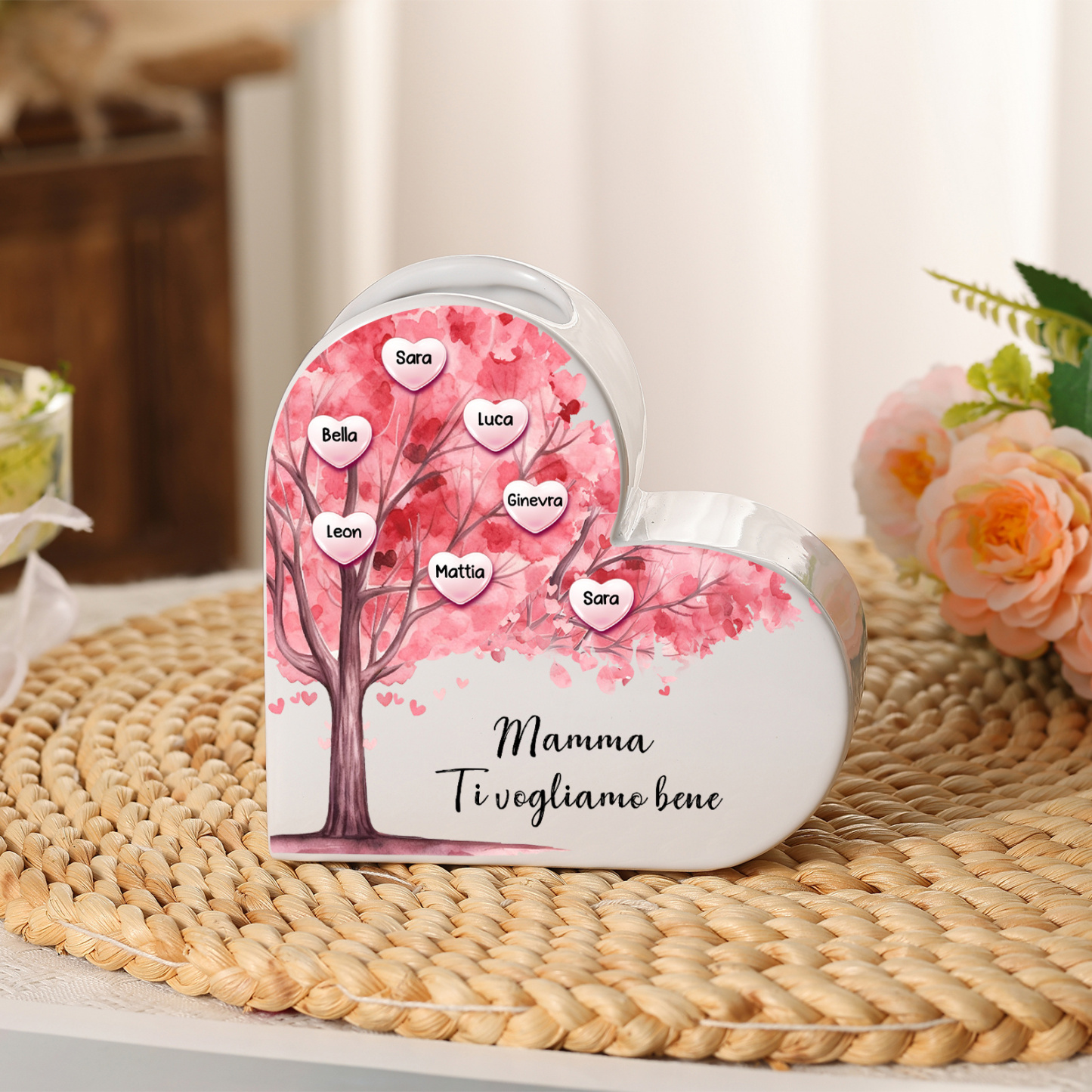 Vaso in ceramica rosa personalizzato a forma di cuore con motivo albero genealogico, personalizzato con da 1 a 12 nomi – regalo per la Festa della Mamma, decorazione d’interni per mamma e nonna | Jes