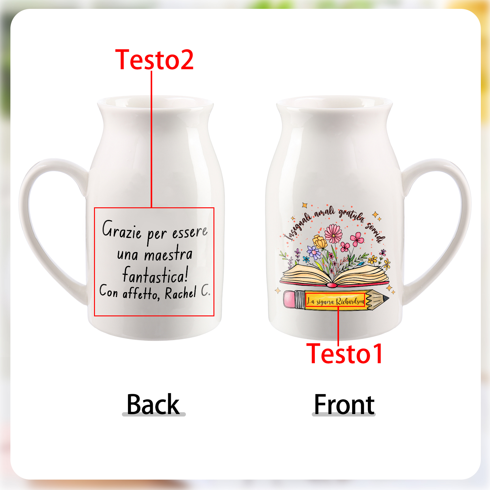 Tazza personalizzata fiori e libro Regalo utile fine anno scolastico per insegnante | Jessemade