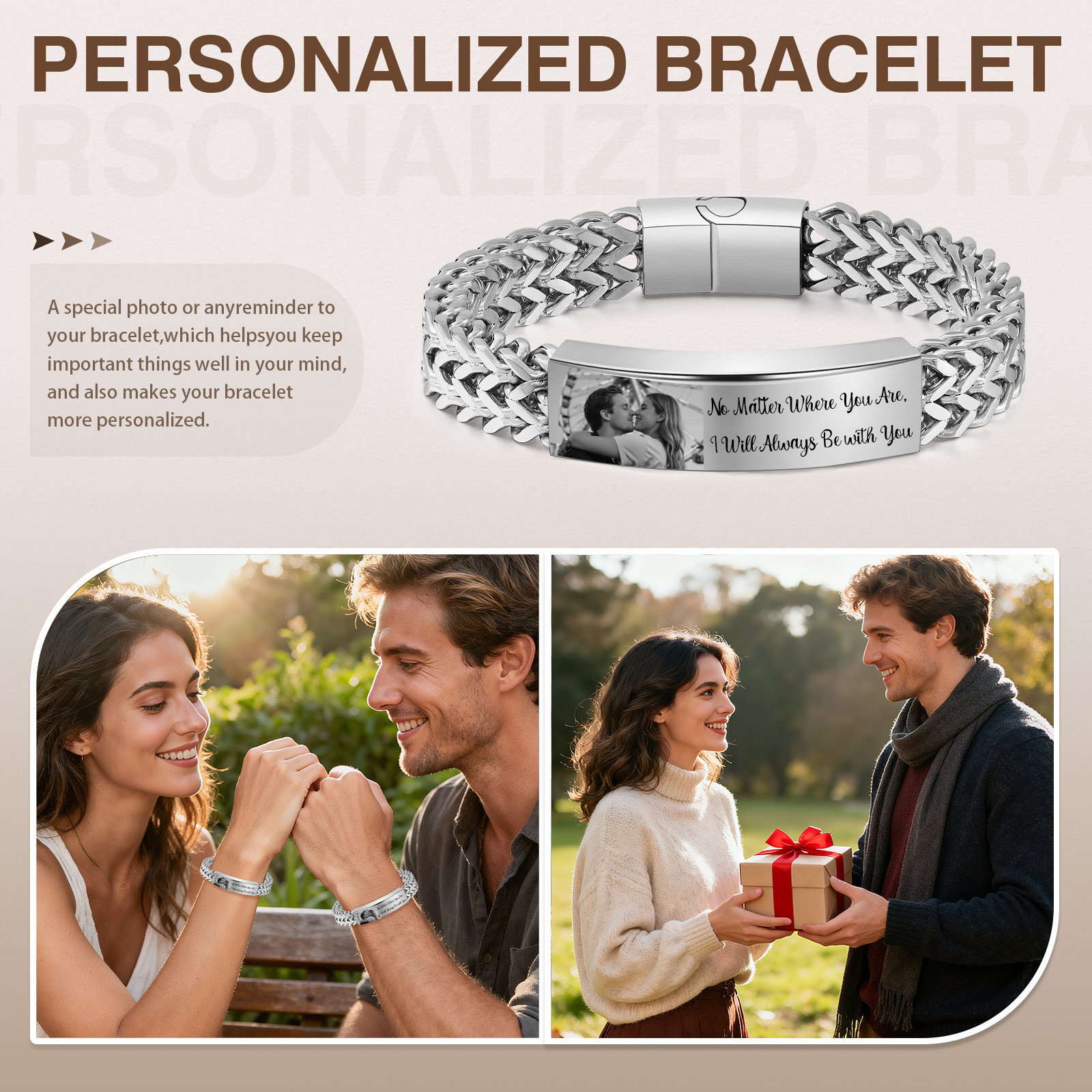 Bracciale da uomo personalizzato con foto e testo a scelta – regalo per partner o amico
