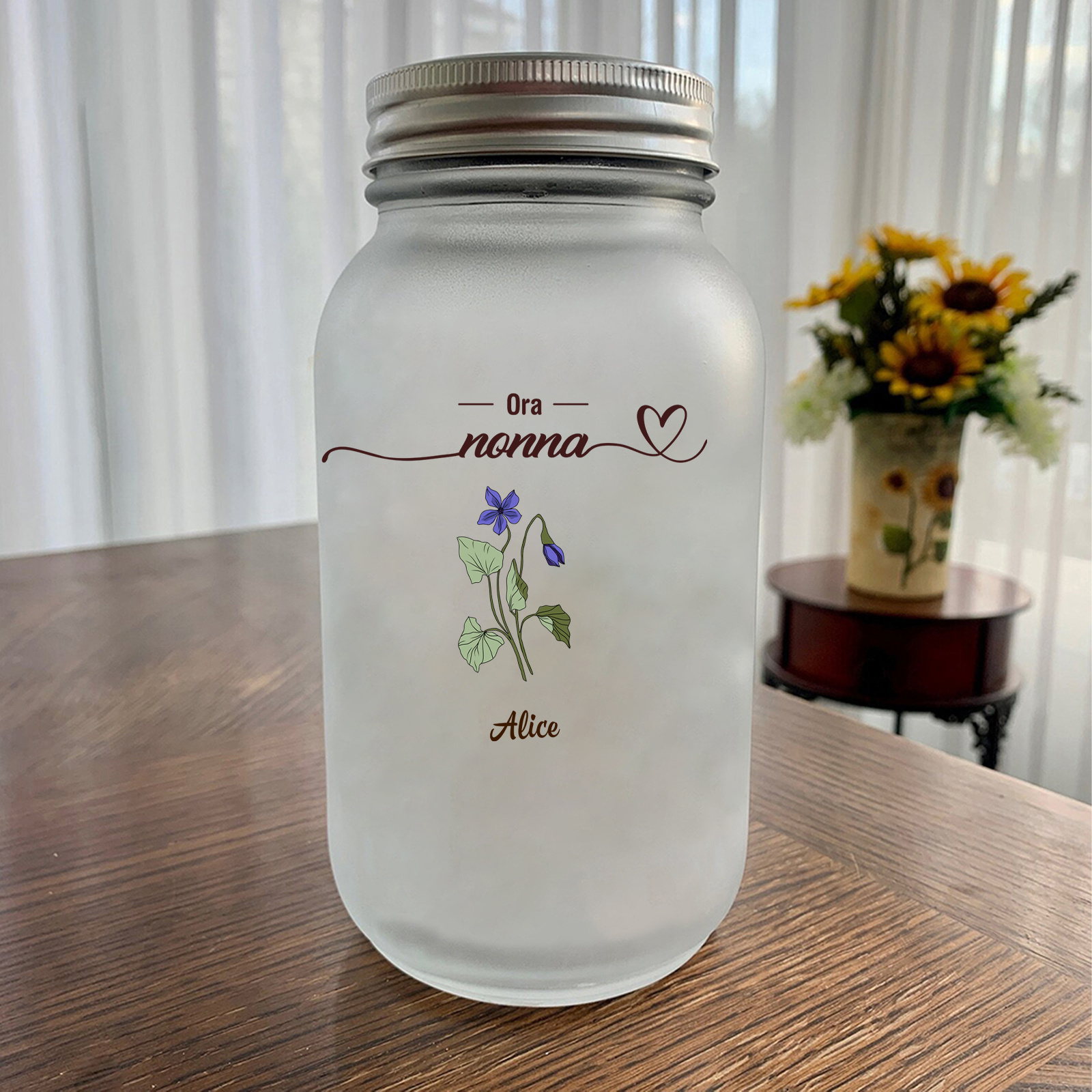 Barattolo solare in vetro personalizzato in stile Mason jar con motivo floreale – regalo “Prima mamma, ora nonna”