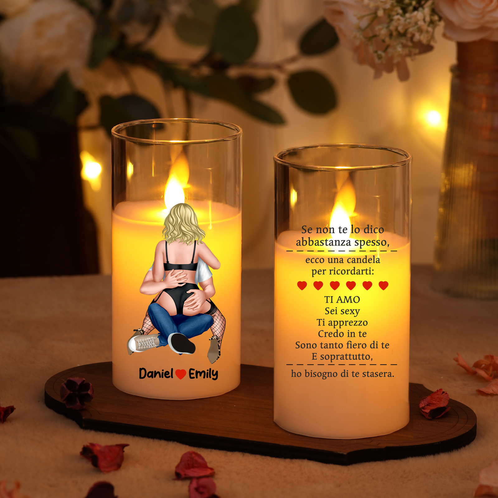 Candela LED Personalizzata in Vetro con Nomi – Regalo romantico per Coppia