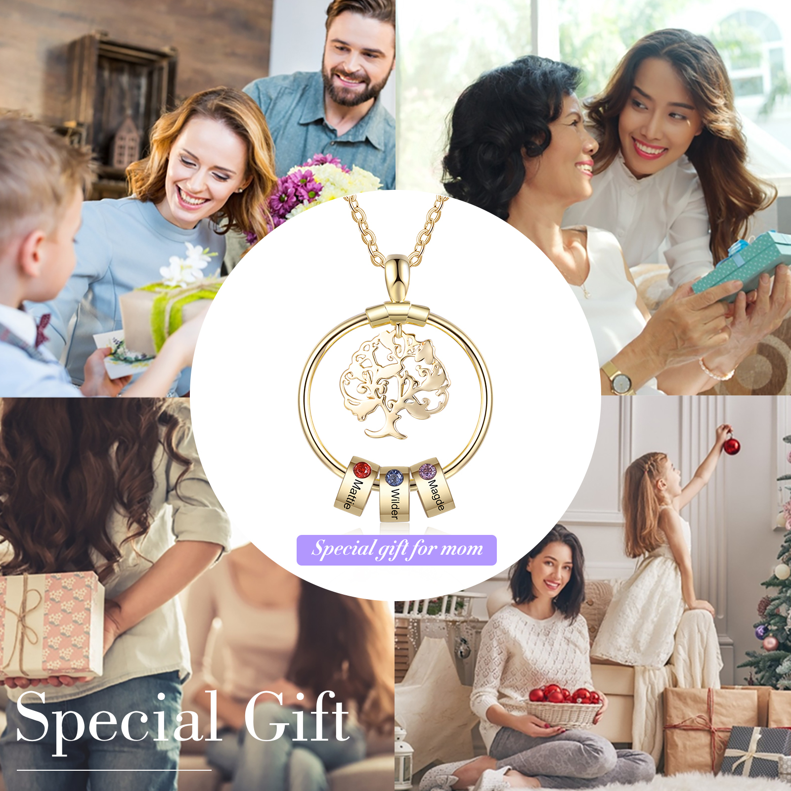 Personalized Family Tree Necklace With 3 Birthstone & 3 Name & Bracelet with 3 Name Gift Set Christmas Gift for Family | Jessemade