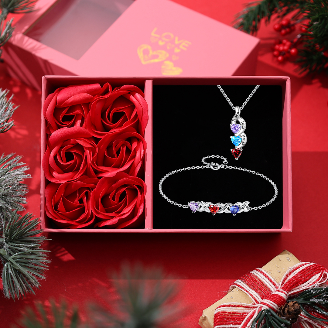 3 Names-Personalized Birthstone & 3 Names Necklace & Bracelet set Special Gift Set With Rose Gift Box Christmas gift for Women
