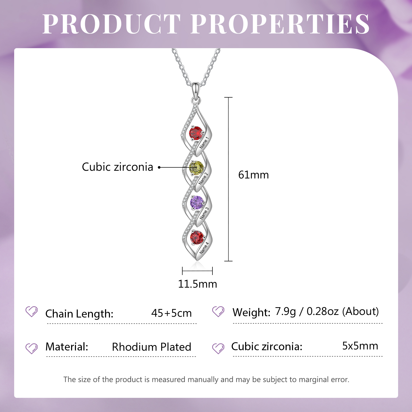 Collana a spirale con 4 pietre di nascita e 4 nomi personalizzato regalo per donna