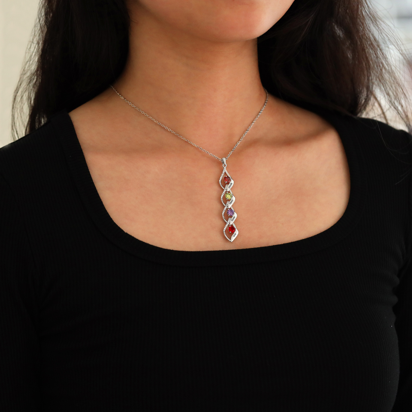 Collana a spirale con 4 pietre di nascita e 4 nomi personalizzato regalo per donna