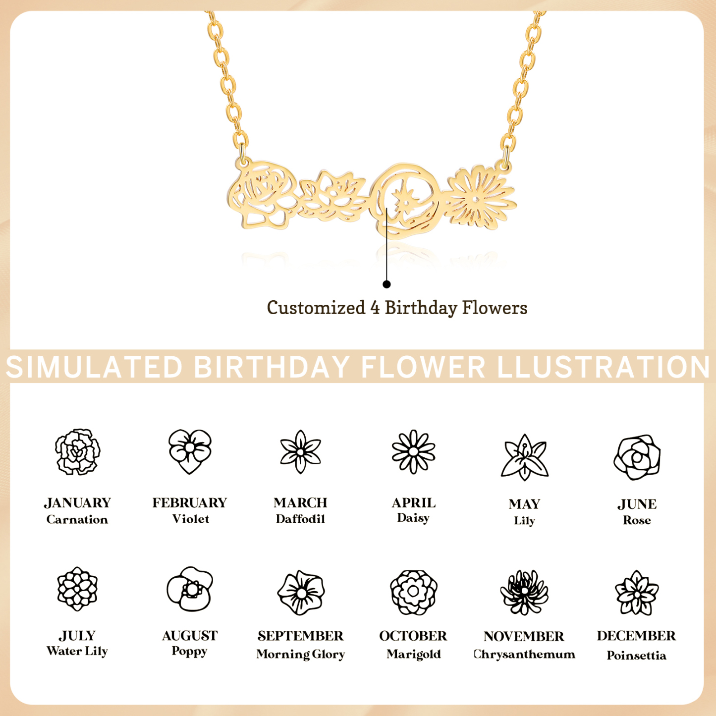 Collana fiore di nascita personalizzata con 4 fiori di nascita regalo per donna