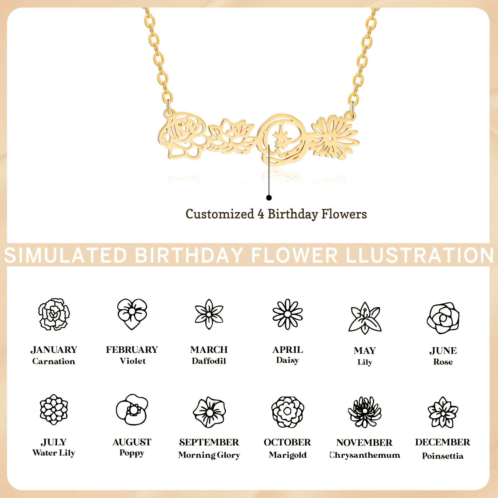 Collana fiore di nascita personalizzata con 4 fiori di nascita regalo per donna