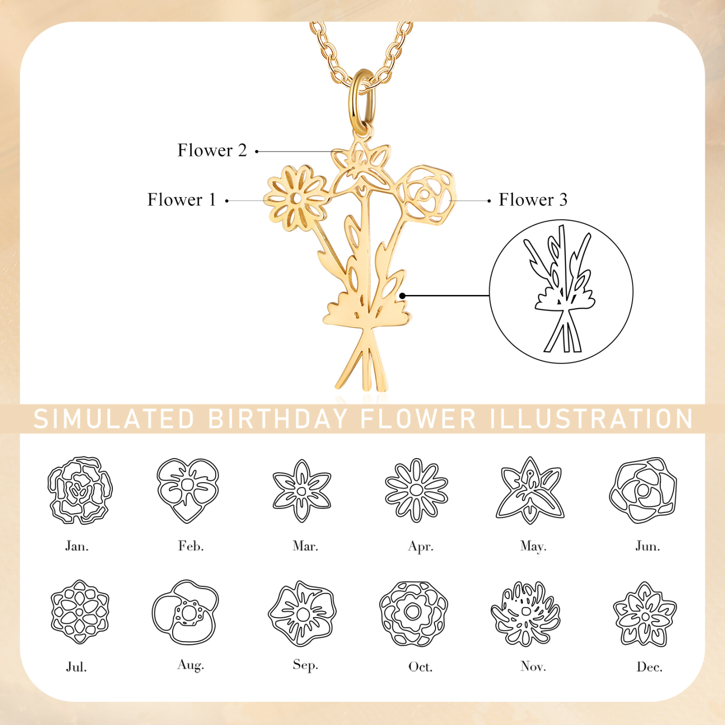 Collana fiore di nascita personalizzata con 3 fiori di nascita regalo per donna