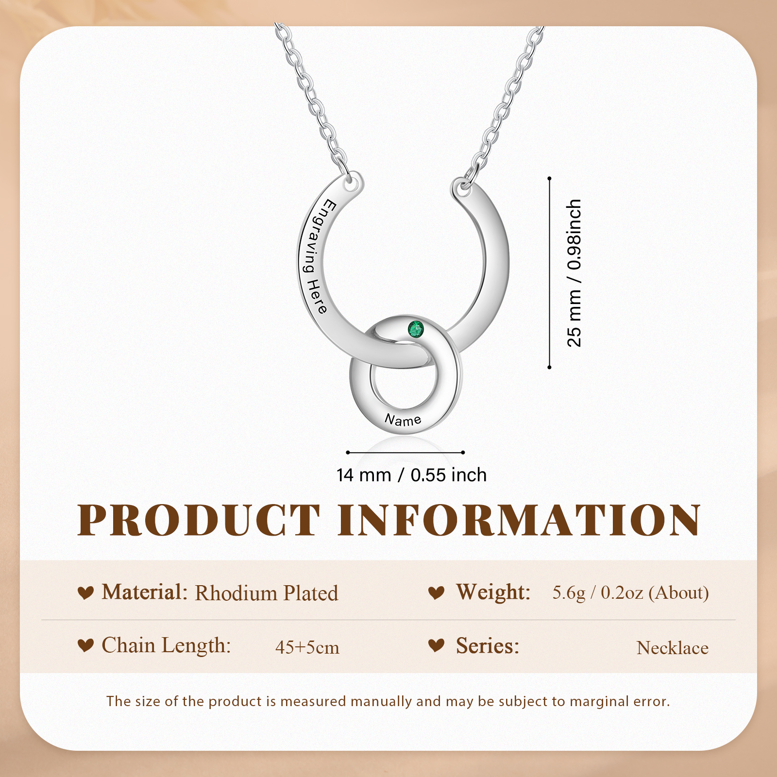 Collana con ciondolo di anello 1 pietra di nascita e 1 nome e 1 testo personalizzato regalo per donna