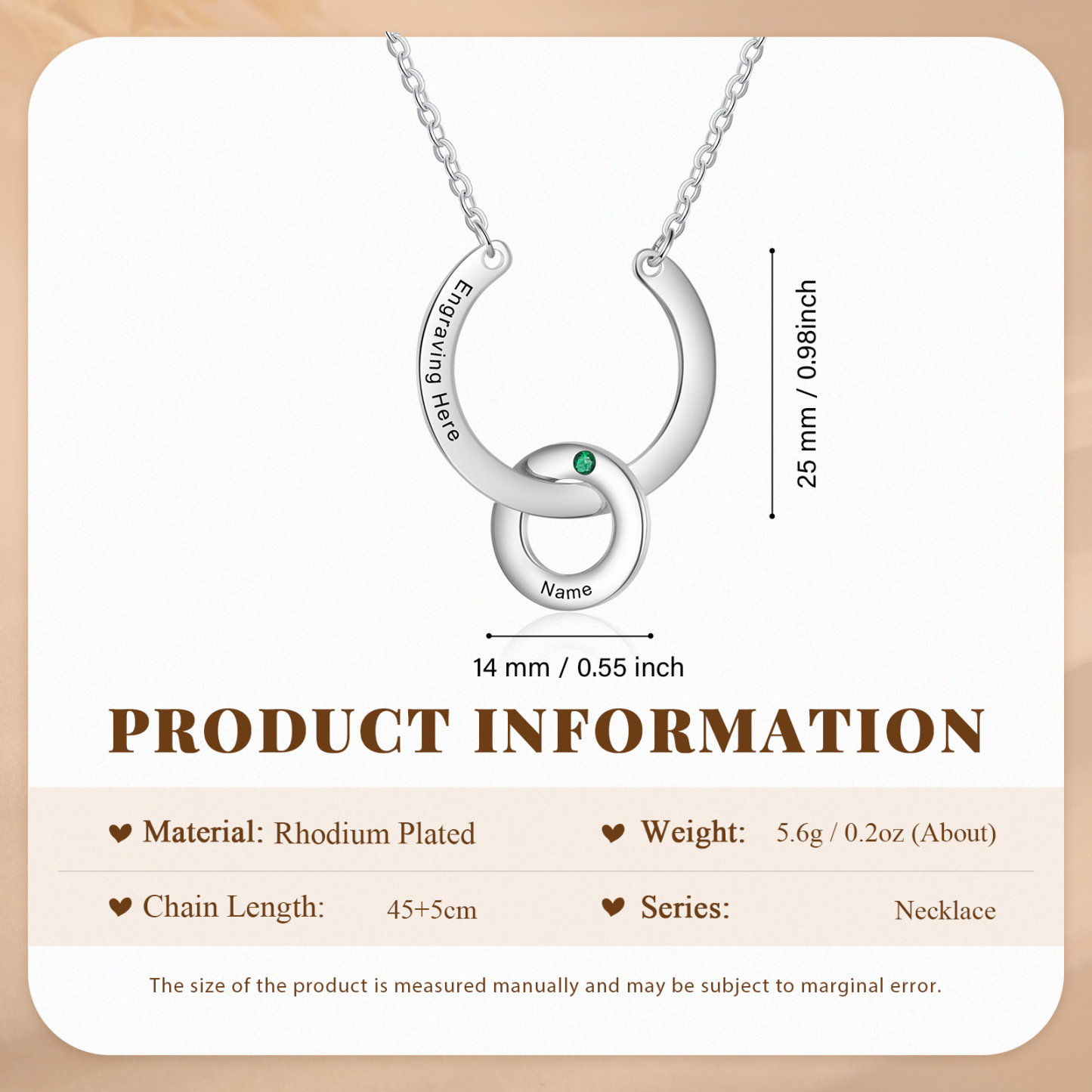 Collana con ciondolo di anello 1 pietra di nascita e 1 nome e 1 testo personalizzato regalo per donna