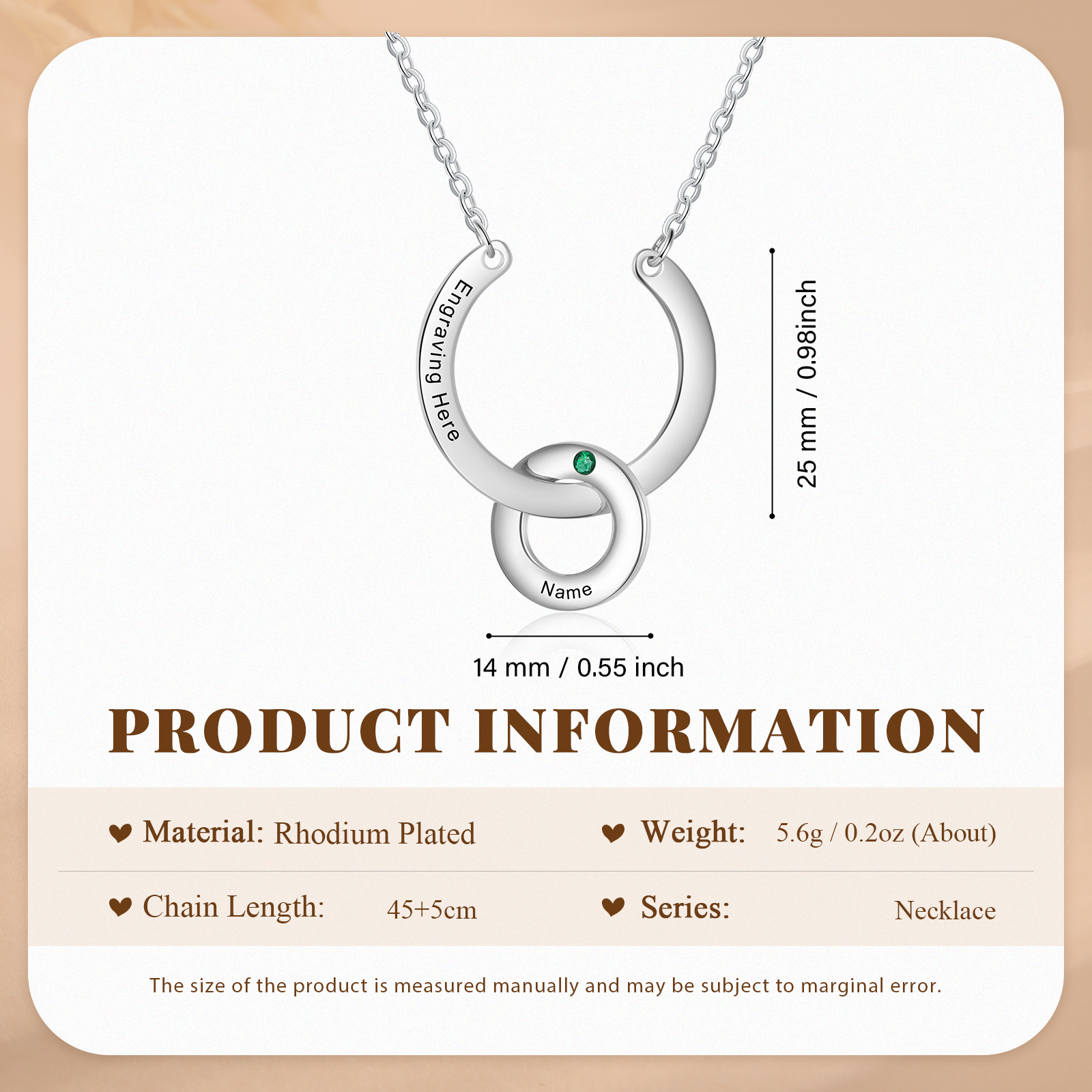 Collana con ciondolo di anello 1 pietra di nascita e 1 nome e 1 testo personalizzato regalo per donna