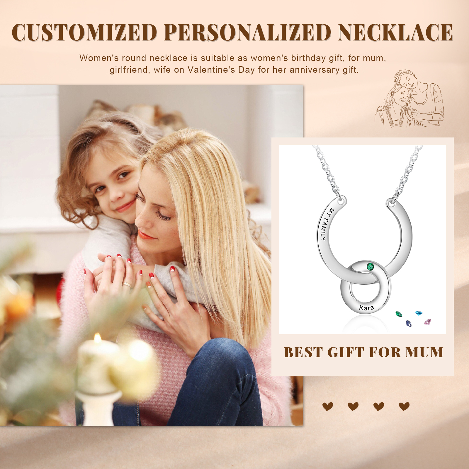 Collana con ciondolo di anello 1 pietra di nascita e 1 nome e 1 testo personalizzato regalo per donna