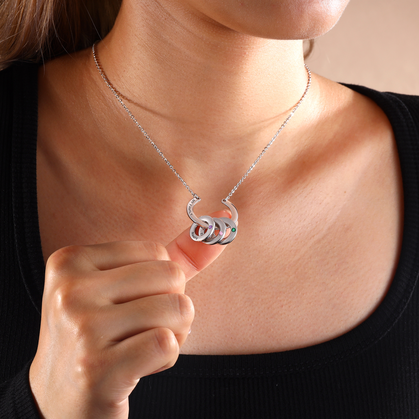 Collana con ciondolo di cerchio 3 pietre di nascita e 3 nomi e 1 testo personalizzato regalo per donna