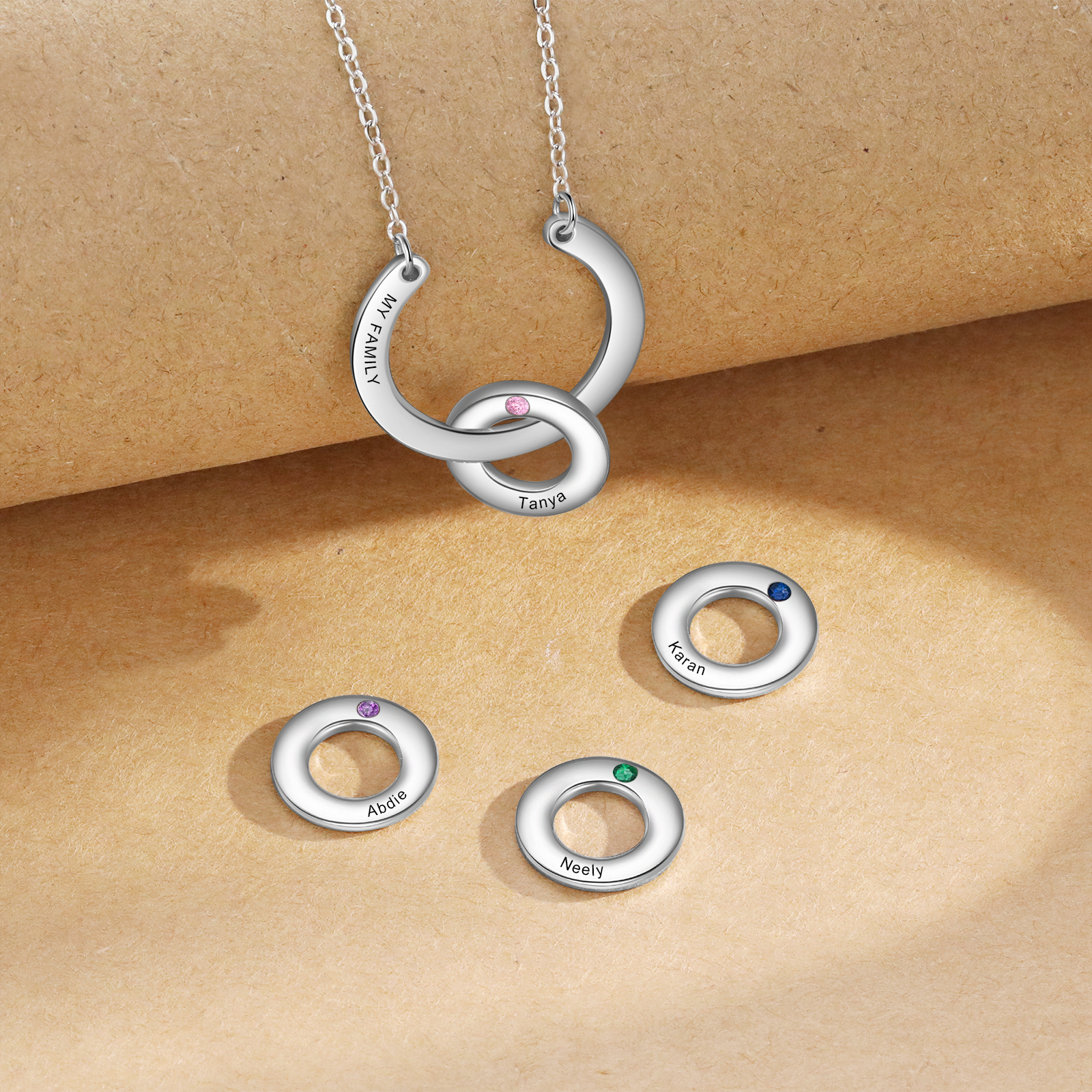 Collana con ciondolo di cerchio 3 pietre di nascita e 3 nomi e 1 testo personalizzato regalo per donna