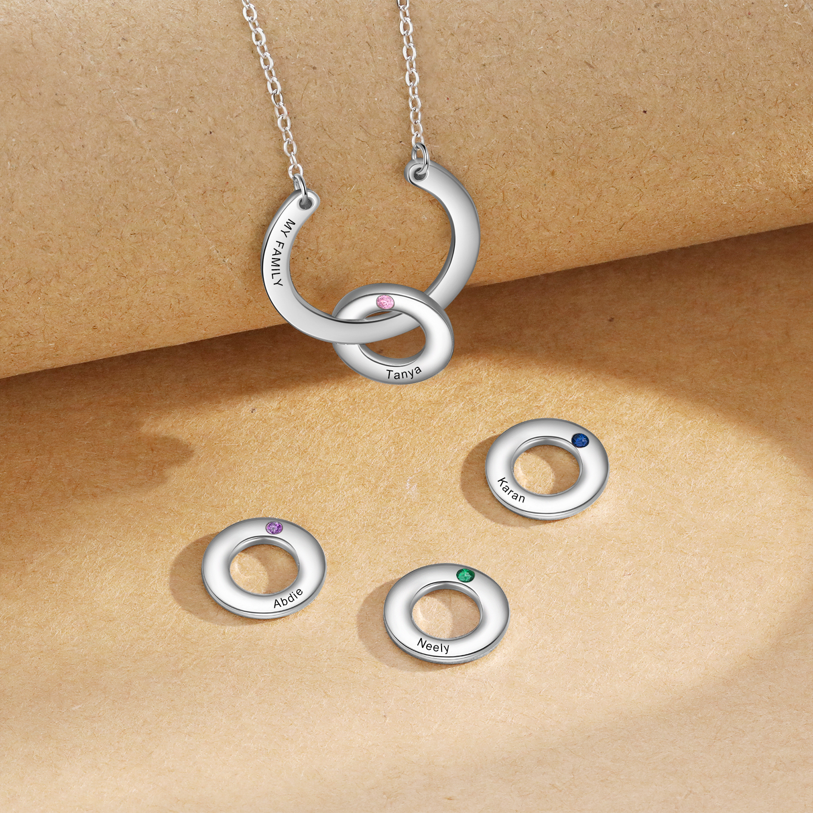 Collana con ciondolo di cerchio 3 pietre di nascita e 3 nomi e 1 testo personalizzato regalo per donna