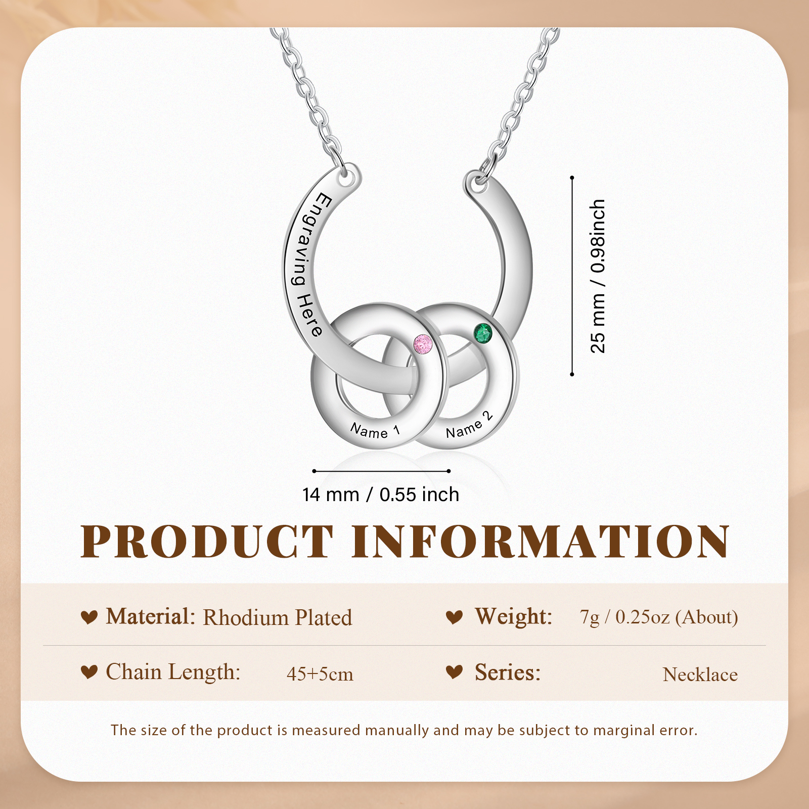 Collana con ciondolo di cerchio 2 pietre di nascita e 2 nomi e 1 testo personalizzato regalo per donna