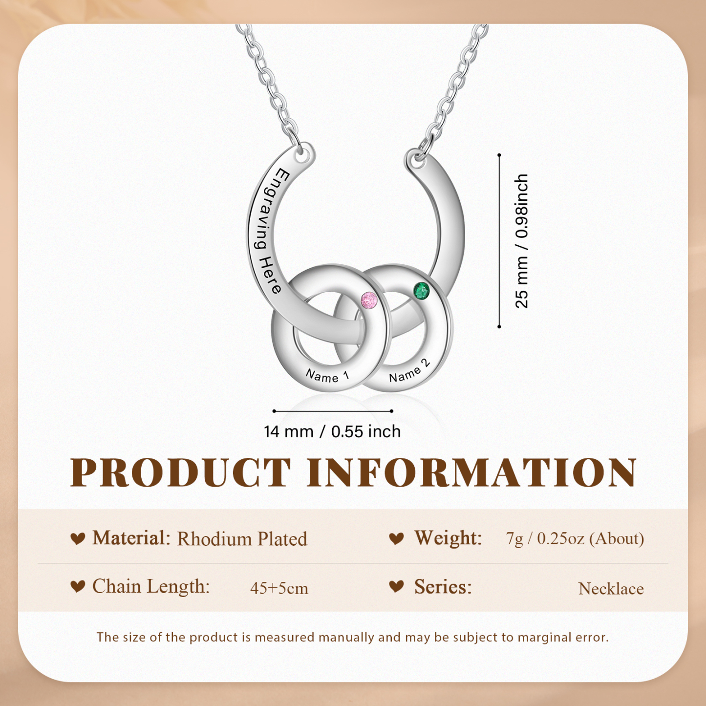 Collana con ciondolo di cerchio 2 pietre di nascita e 2 nomi e 1 testo personalizzato regalo per donna