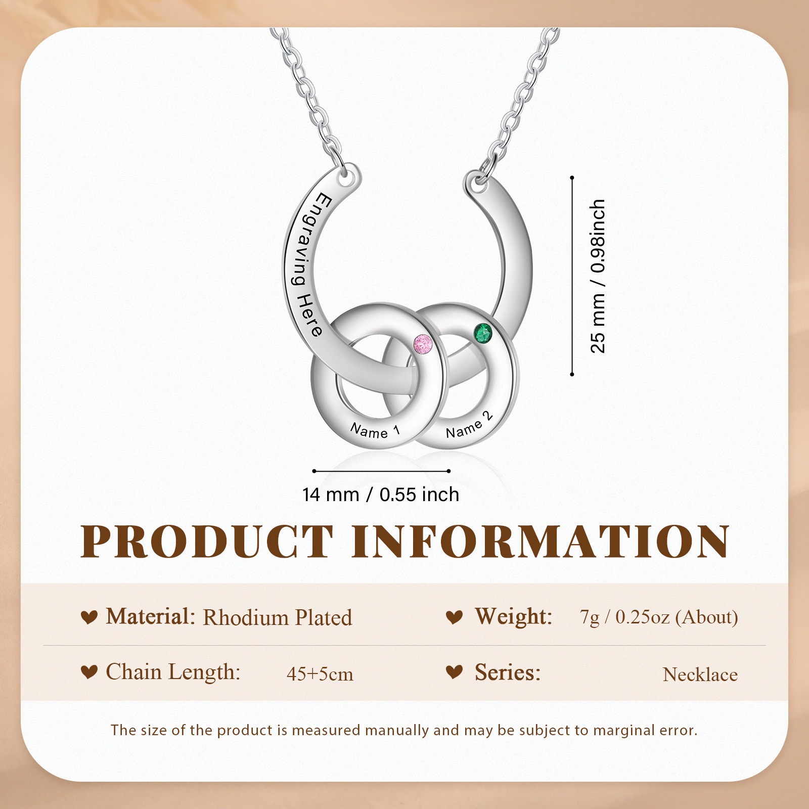 Collana con ciondolo di cerchio 2 pietre di nascita e 2 nomi e 1 testo personalizzato regalo per donna