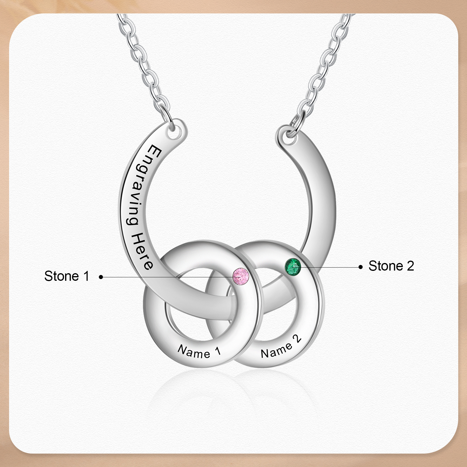 Collana con ciondolo di cerchio 2 pietre di nascita e 2 nomi e 1 testo personalizzato regalo per donna