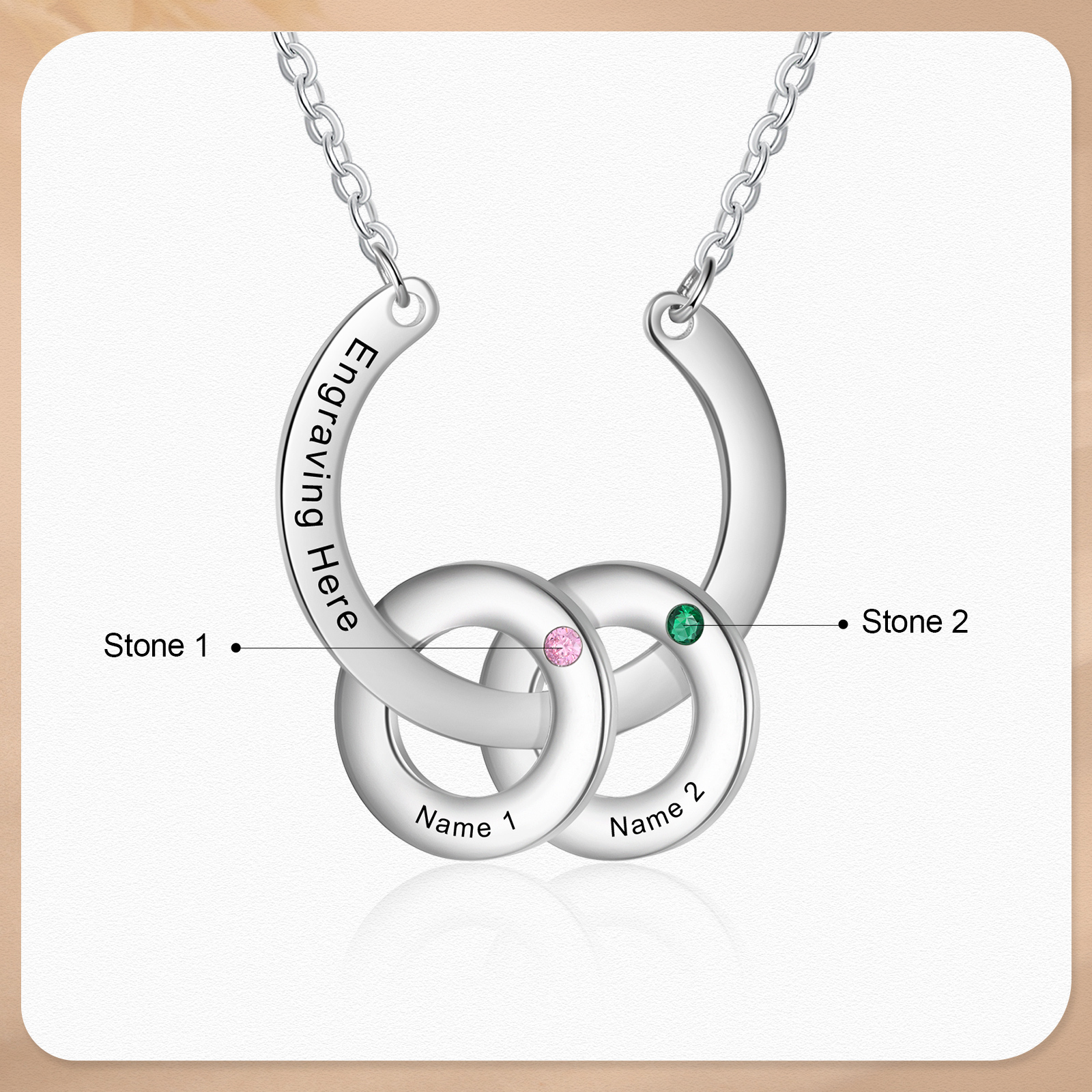 Collana con ciondolo di cerchio 2 pietre di nascita e 2 nomi e 1 testo personalizzato regalo per donna