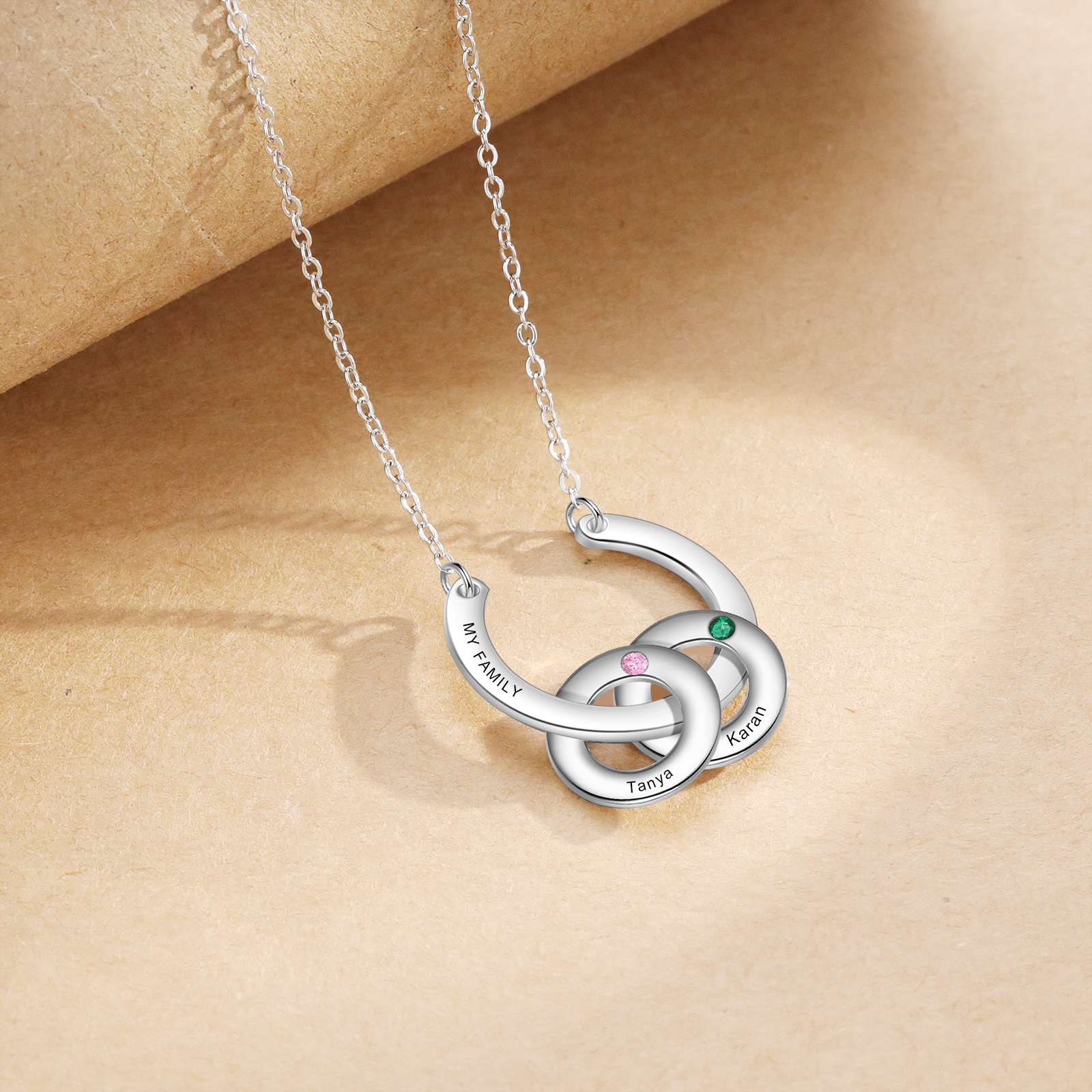 Collana con ciondolo di cerchio 2 pietre di nascita e 2 nomi e 1 testo personalizzato regalo per donna