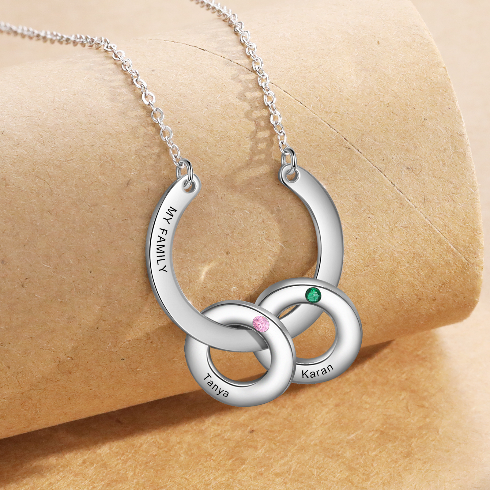 Collana con ciondolo di cerchio 2 pietre di nascita e 2 nomi e 1 testo personalizzato regalo per donna