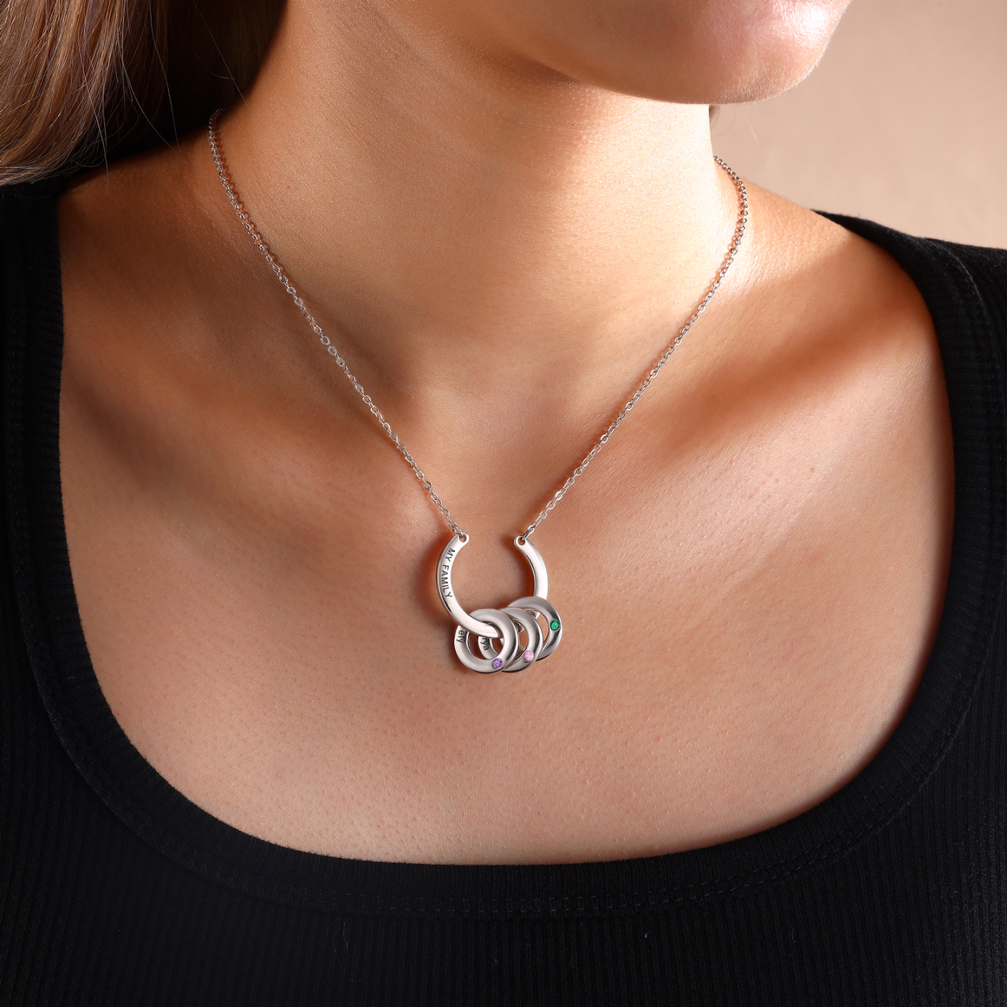 Collana con ciondolo di cerchio 3 pietre di nascita e 3 nomi e 1 testo personalizzato regalo per donna