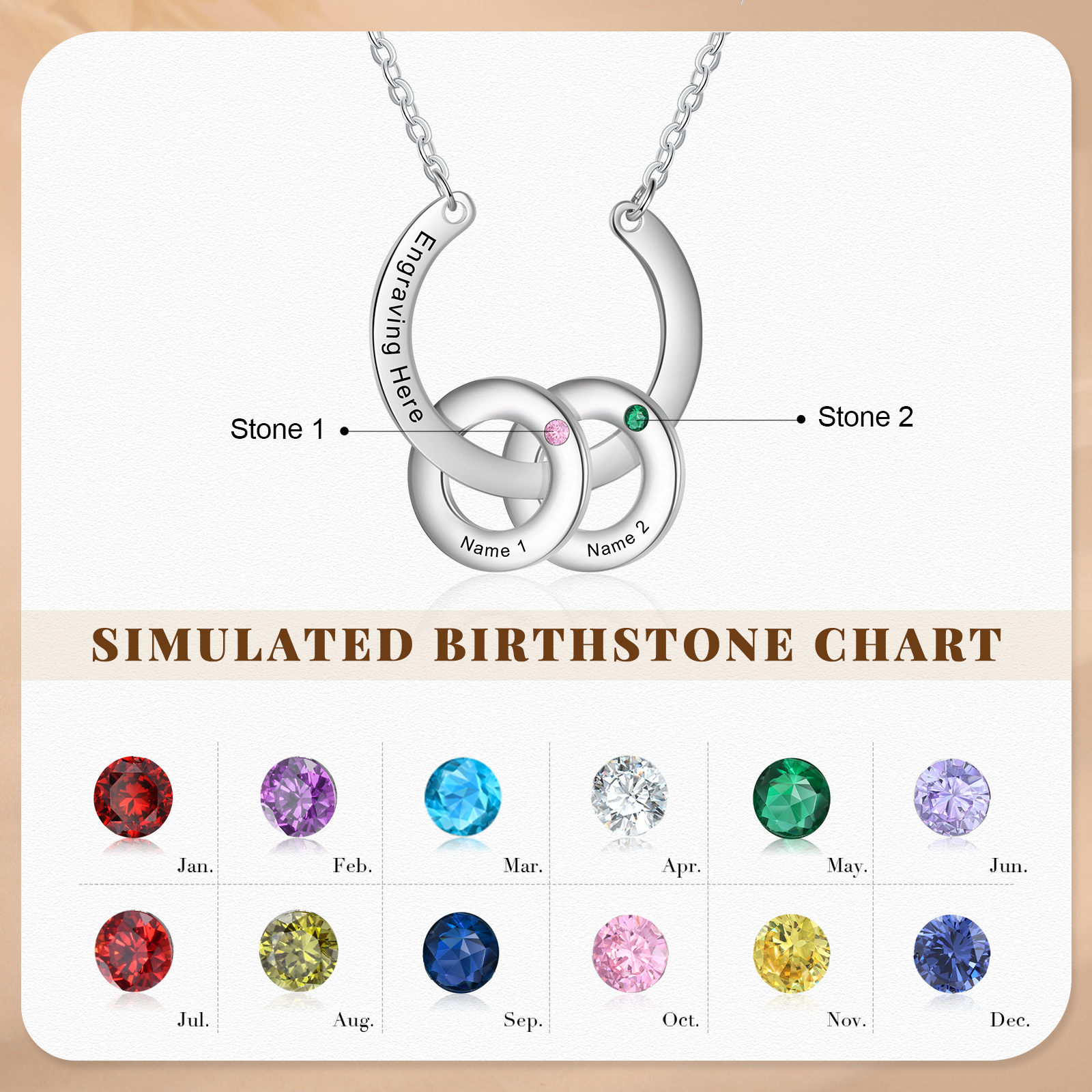 Collana con ciondolo di cerchio 2 pietre di nascita e 2 nomi e 1 testo personalizzato regalo per donna