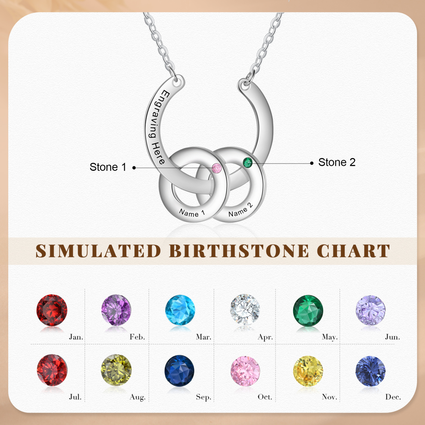 Collana con ciondolo di cerchio 2 pietre di nascita e 2 nomi e 1 testo personalizzato regalo per donna