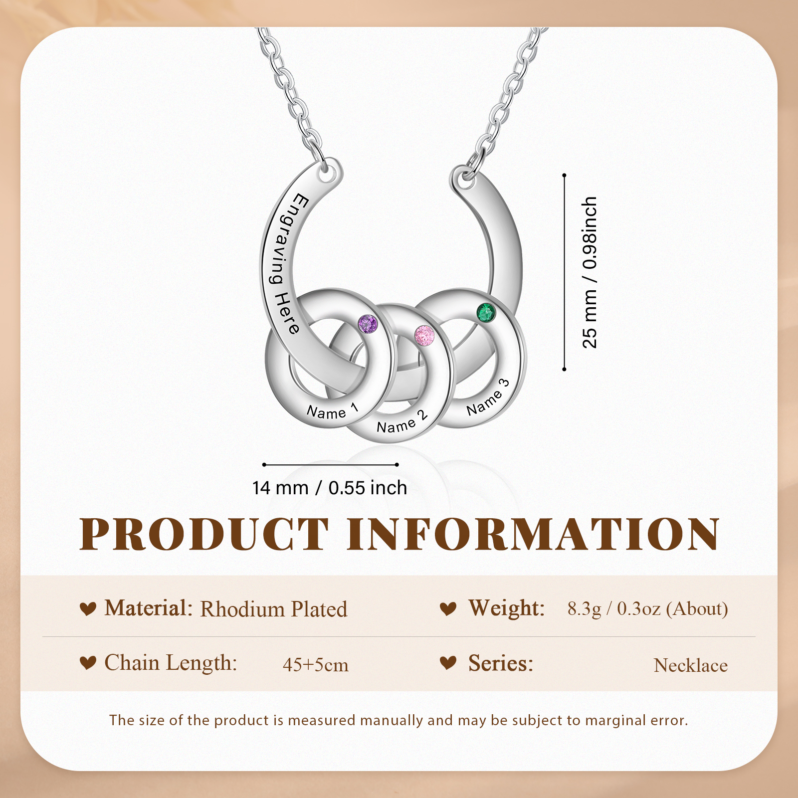 Collana con ciondolo di cerchio 3 pietre di nascita e 3 nomi e 1 testo personalizzato regalo per donna