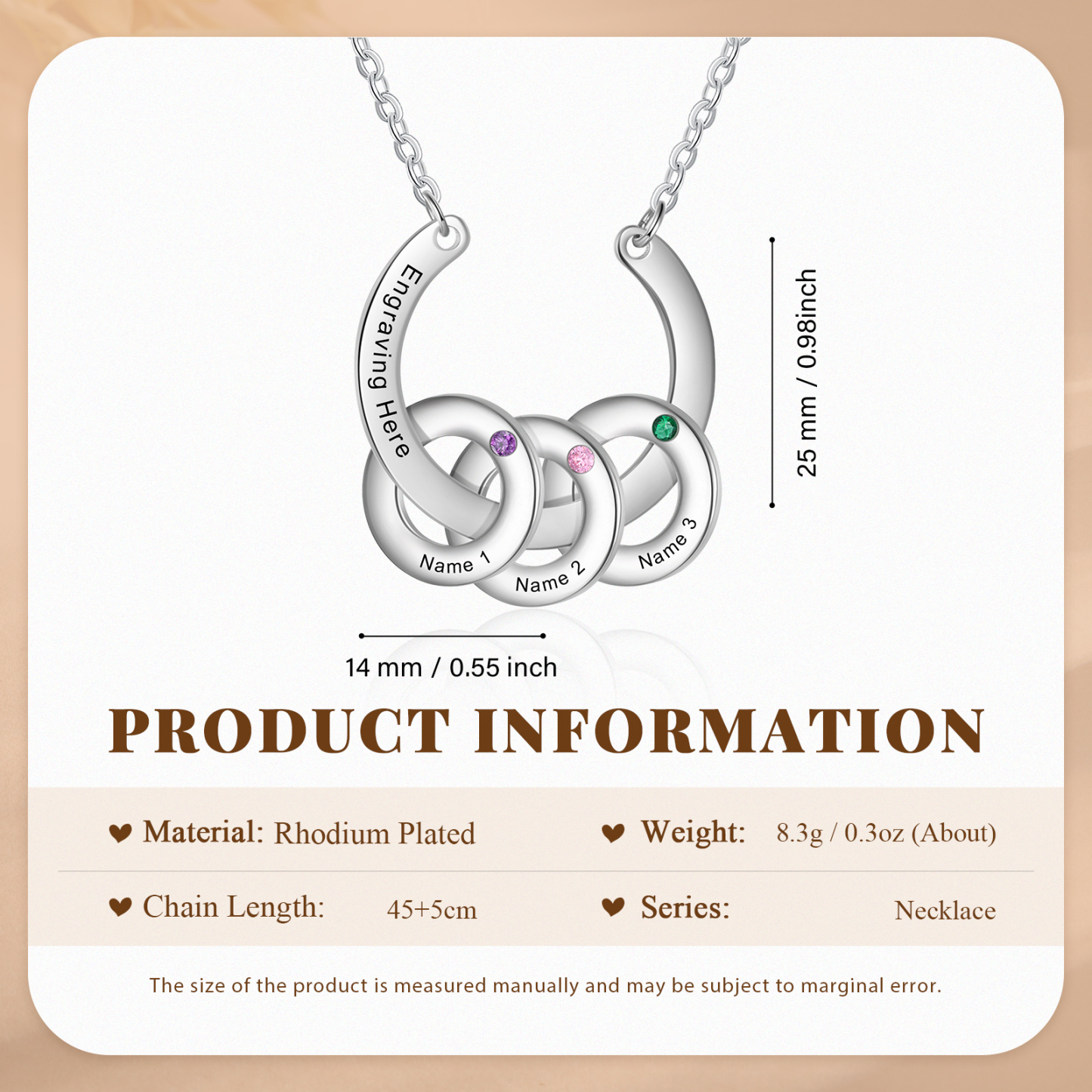 Collana con ciondolo di cerchio 3 pietre di nascita e 3 nomi e 1 testo personalizzato regalo per donna