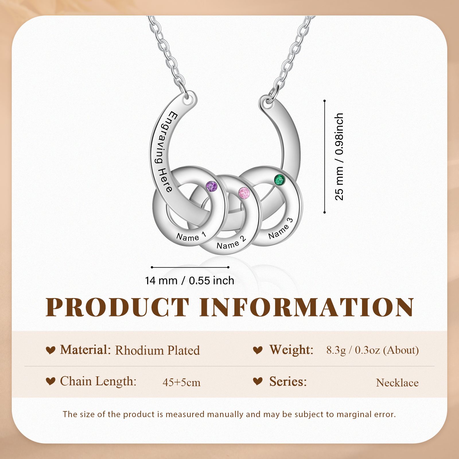 Collana con ciondolo di cerchio 3 pietre di nascita e 3 nomi e 1 testo personalizzato regalo per donna