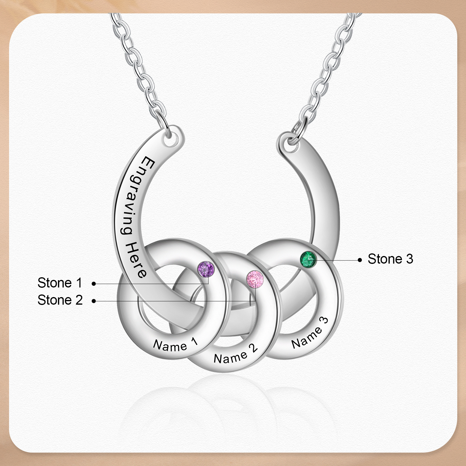 Collana con ciondolo di cerchio 3 pietre di nascita e 3 nomi e 1 testo personalizzato regalo per donna