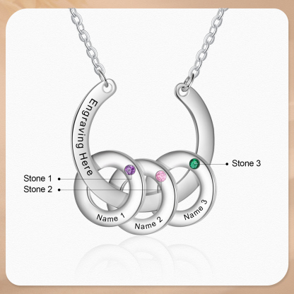 Collana con ciondolo di cerchio 3 pietre di nascita e 3 nomi e 1 testo personalizzato regalo per donna