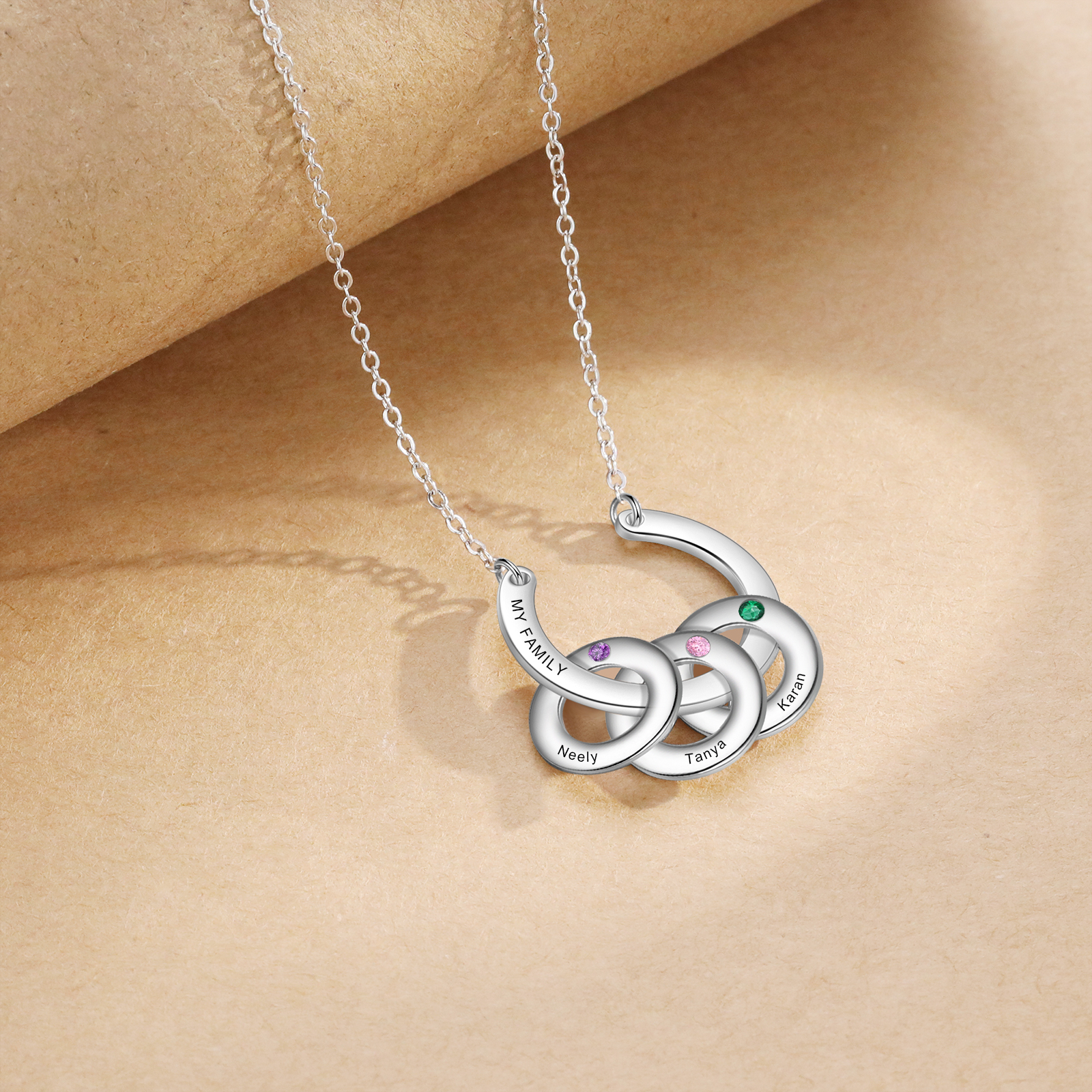 Collana con ciondolo di cerchio 3 pietre di nascita e 3 nomi e 1 testo personalizzato regalo per donna