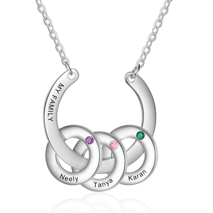 Collana con ciondolo di cerchio 3 pietre di nascita e 3 nomi e 1 testo personalizzato regalo per donna