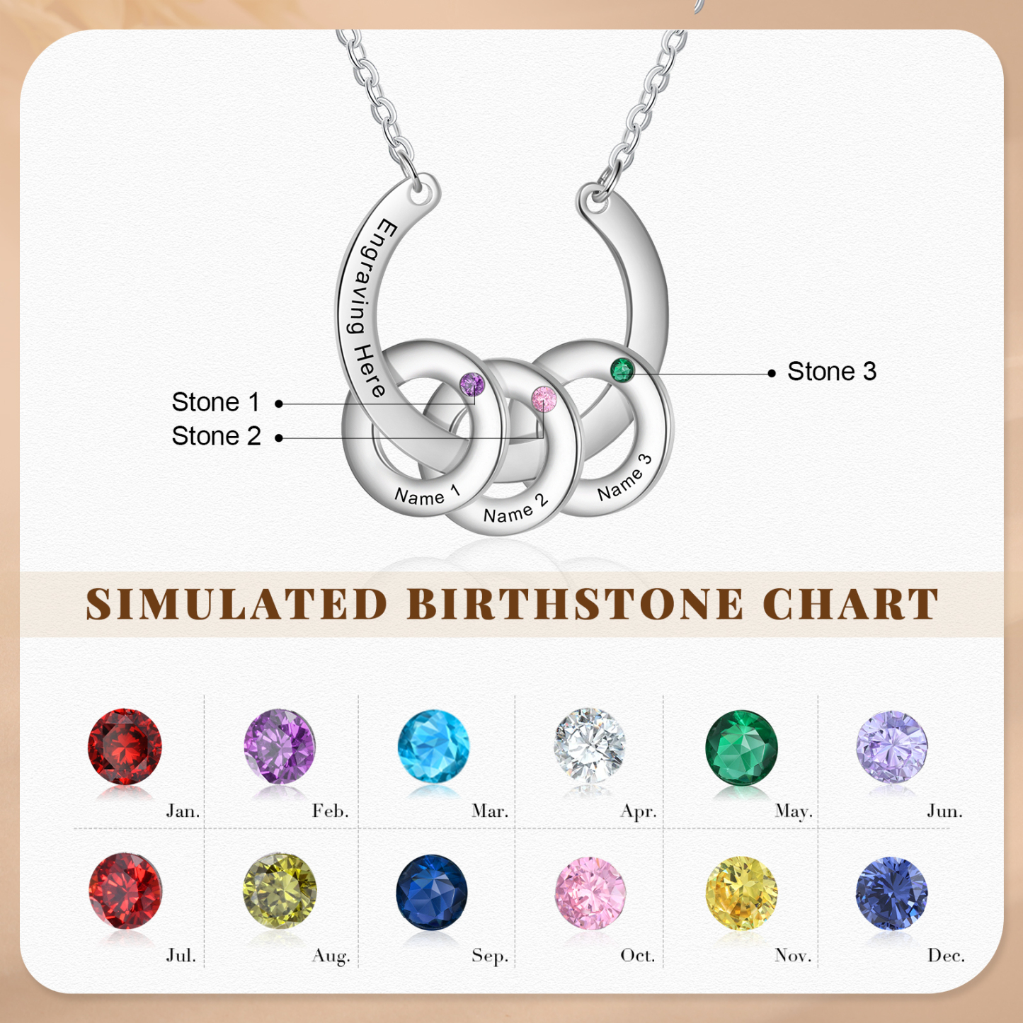 Collana con ciondolo di cerchio 3 pietre di nascita e 3 nomi e 1 testo personalizzato regalo per donna