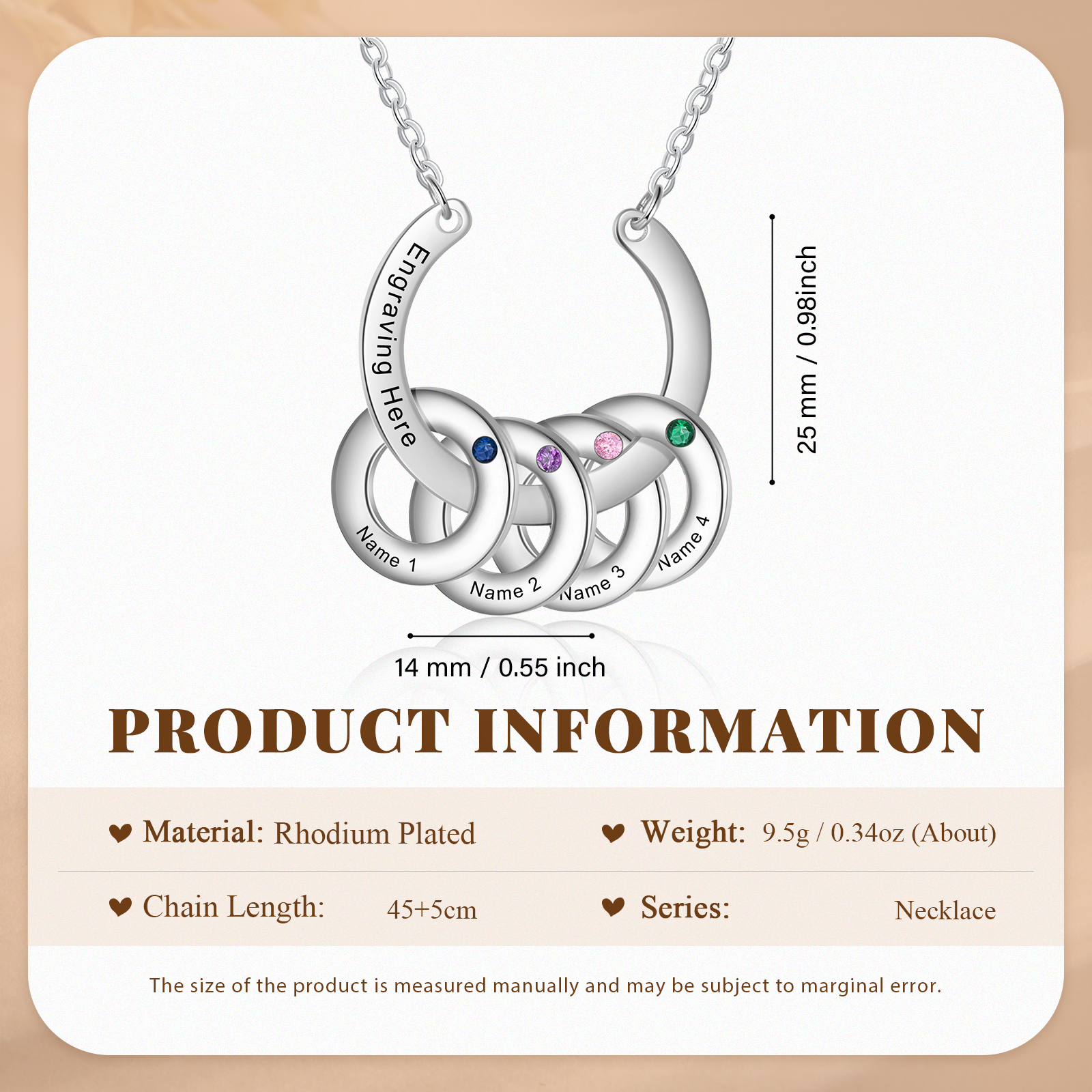 Collana con ciondolo di cerchio 4 pietre di nascita e 4 nomi e 1 testo personalizzato regalo per donna