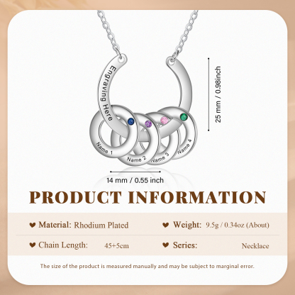 Collana con ciondolo di cerchio 4 pietre di nascita e 4 nomi e 1 testo personalizzato regalo per donna