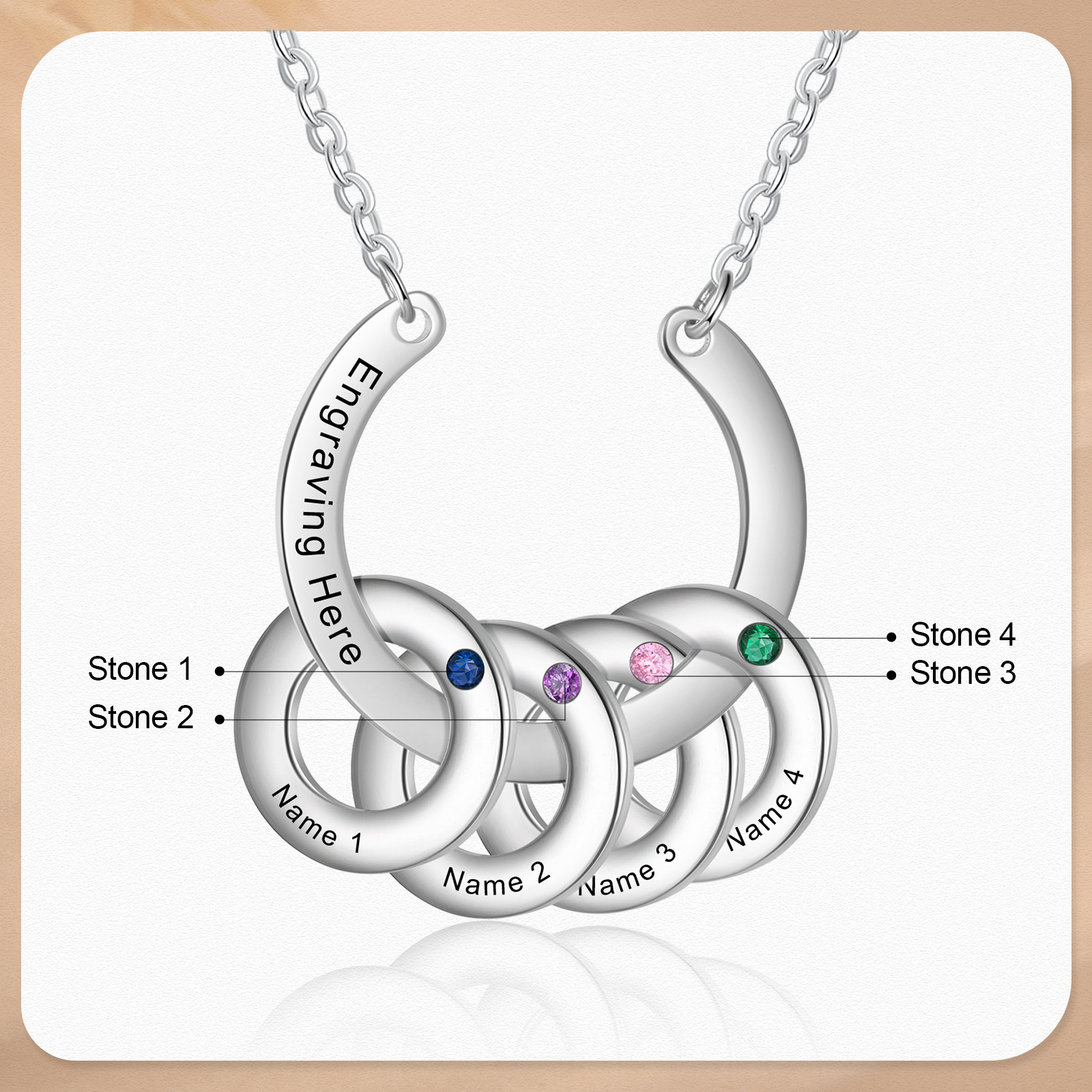 Collana con ciondolo di cerchio 4 pietre di nascita e 4 nomi e 1 testo personalizzato regalo per donna